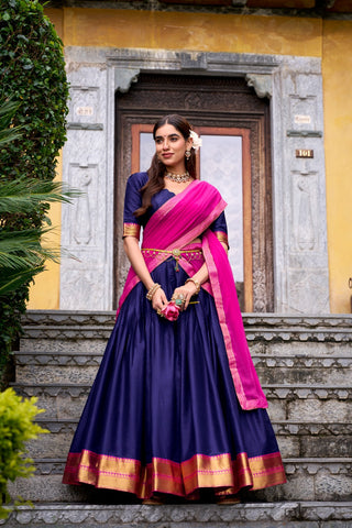 Navy Blue Elegant Poly Cotton Zari Weaving Stitched Lehenga Choli with Georgette Lace-Border Dupatta Premium Festive & Wedding Wear ClothsVilla