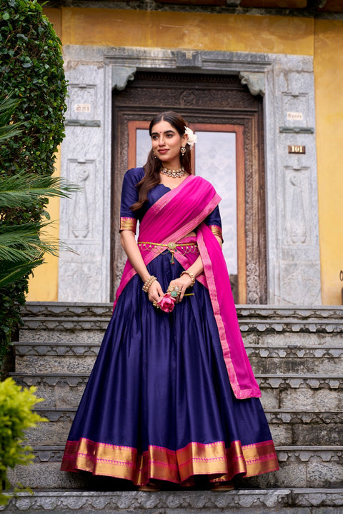 Navy Blue Elegant Poly Cotton Zari Weaving Stitched Lehenga Choli with Georgette Lace-Border Dupatta Premium Festive & Wedding Wear ClothsVilla Main image