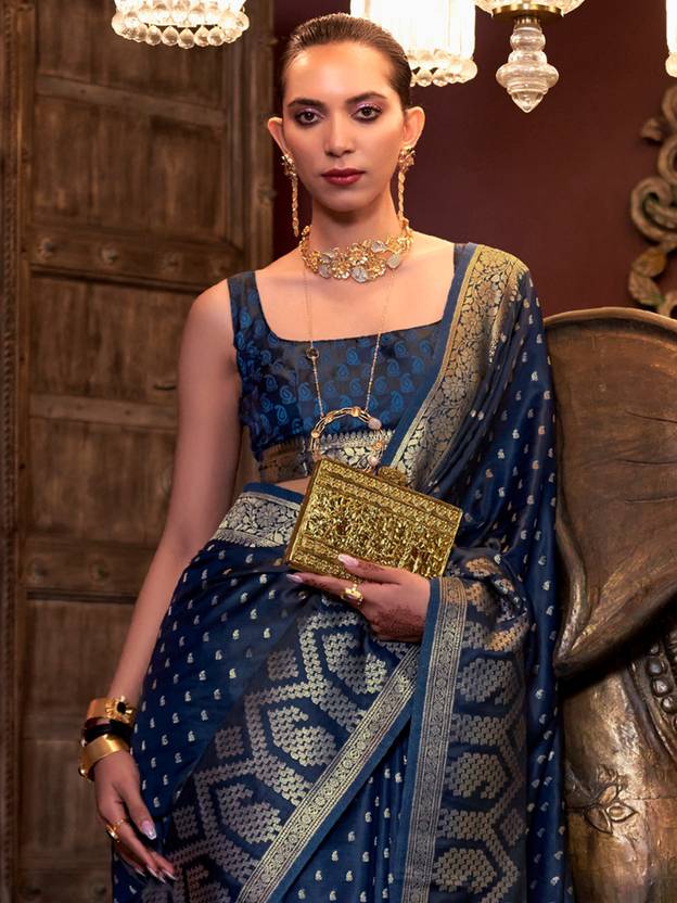 Navy Blue Elegant Pure Satin Handloom Saree with Unstitched Blouse Piece Clothsvilla