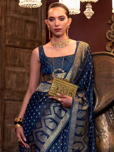 Navy Blue Elegant Pure Satin Handloom Saree with Unstitched Blouse Piece Clothsvilla