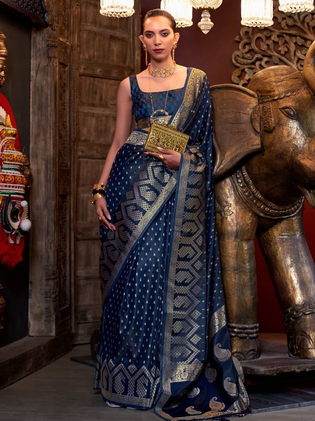 Navy Blue Elegant Pure Satin Handloom Saree with Unstitched Blouse Piece Clothsvilla