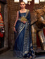 Navy Blue Elegant Pure Satin Handloom Saree with Unstitched Blouse Piece Clothsvilla