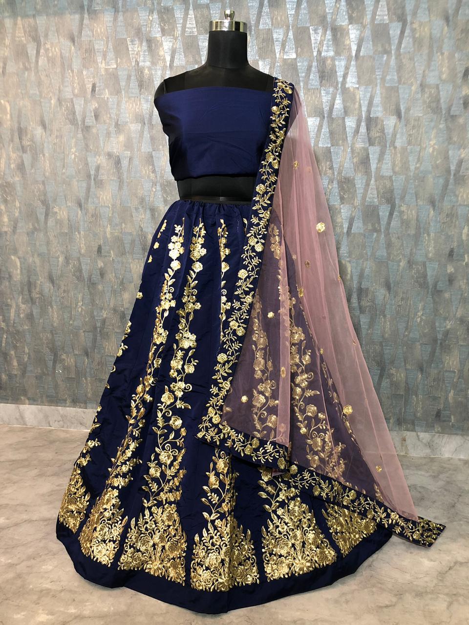 Navy Blue Elegant Tapeta Silk Lehenga Set ClothsVilla