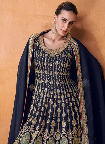 Navy Blue Embroidered Chinon Suit Set with Dupatta ClothsVilla