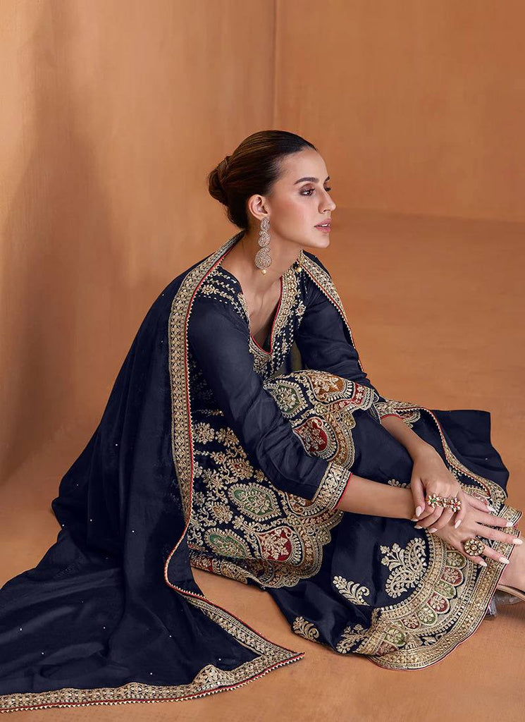 Navy Blue Embroidered Chinon Suit Set with Dupatta ClothsVilla