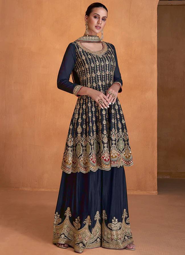 Navy Blue Embroidered Chinon Suit Set with Dupatta ClothsVilla
