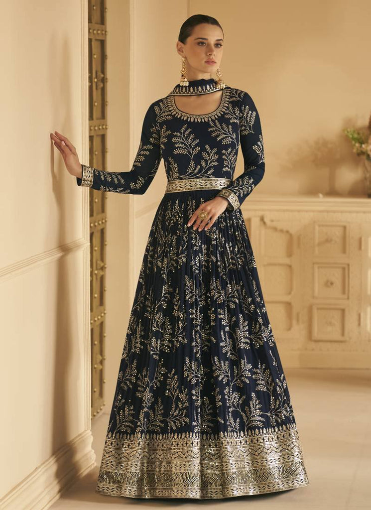 Navy Blue Net Semi Stitched Designer Gown Style Suit Online FABANZA