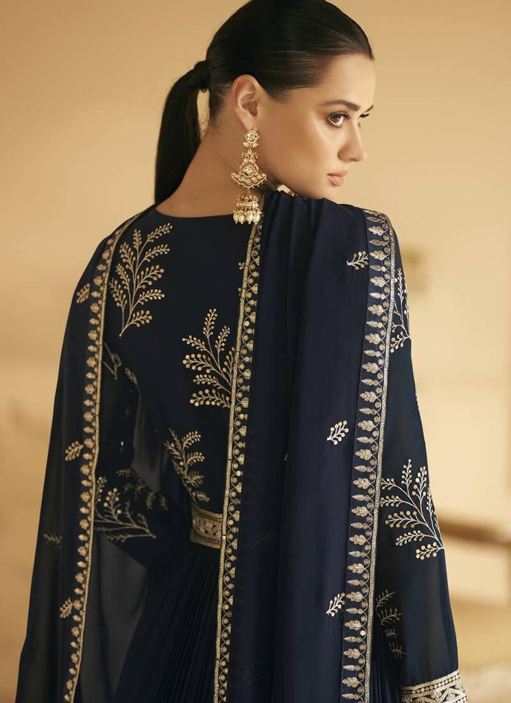 Navy Blue Embroidered Georgette Abaya Style Suit