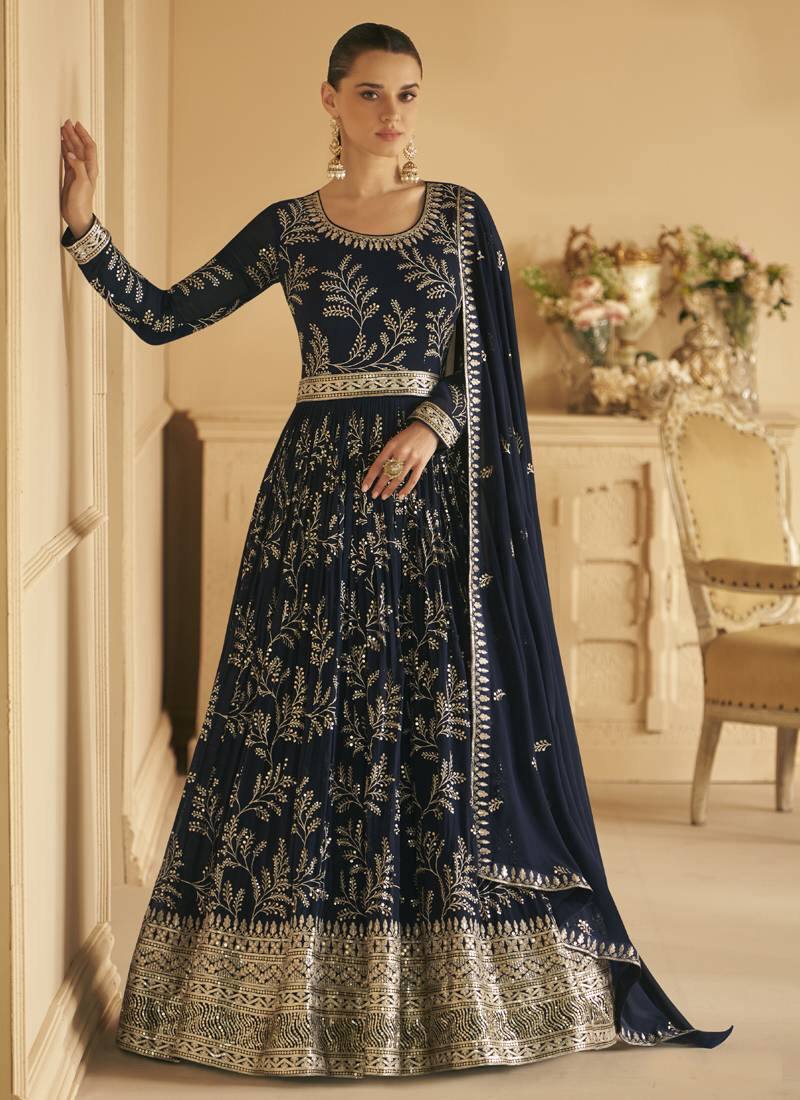 Navy Blue Embroidered Georgette Abaya Style Suit