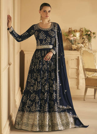 Navy Blue Embroidered Georgette Abaya Style Suit