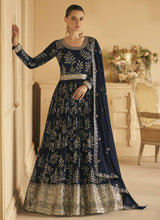 Load image into Gallery viewer, Navy Blue Embroidered Georgette Abaya Style Suit
