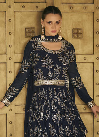 Navy Blue Embroidered Georgette Abaya Style Suit