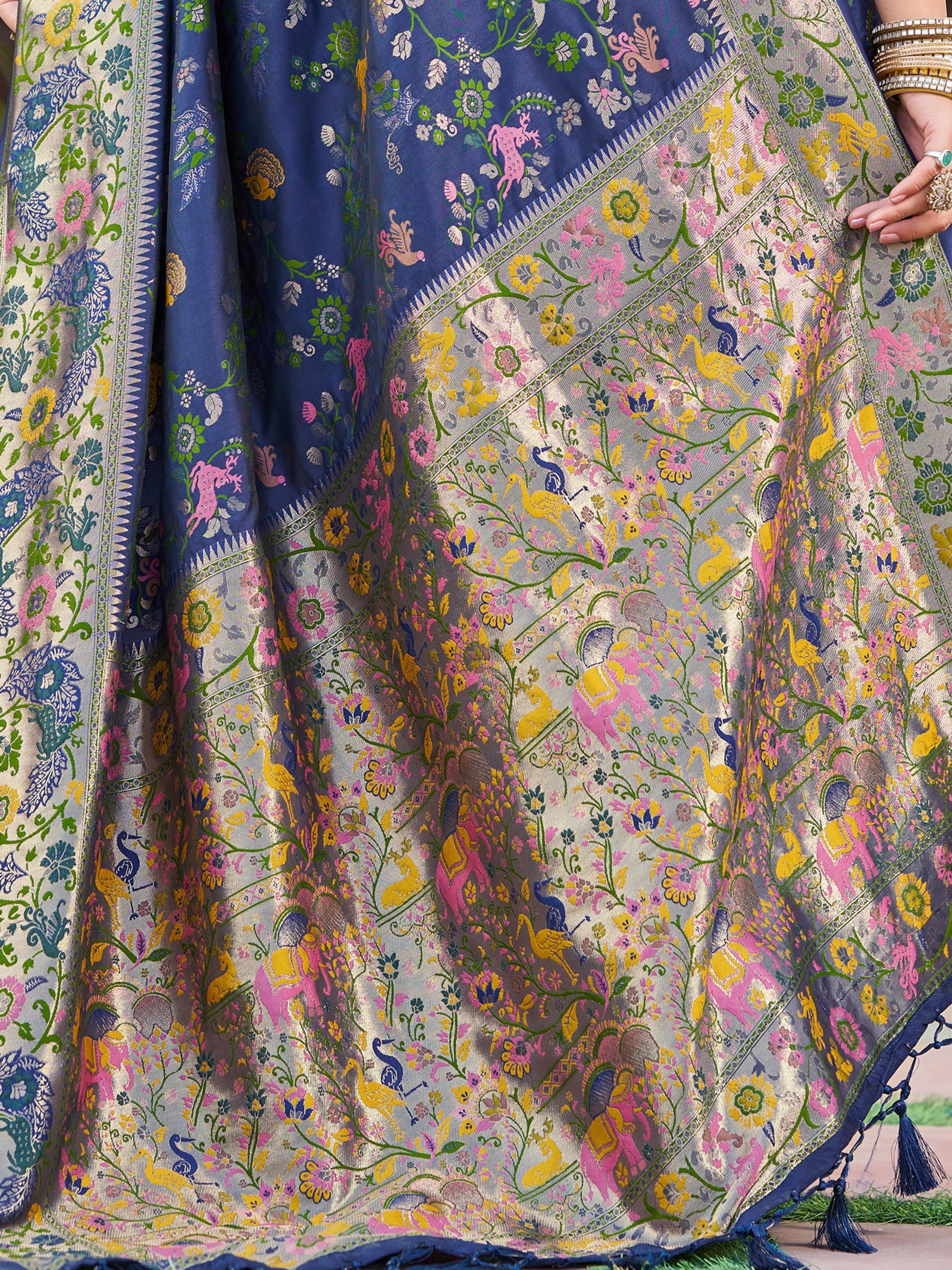 Navy Blue Exquisite Banarasi Jacquard Art Silk Saree with Matching Border Blouse – Perfect for Weddings ClothsVilla