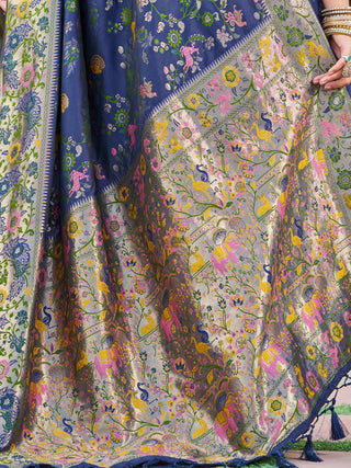 Navy Blue Exquisite Banarasi Jacquard Art Silk Saree with Matching Border Blouse – Perfect for Weddings ClothsVilla