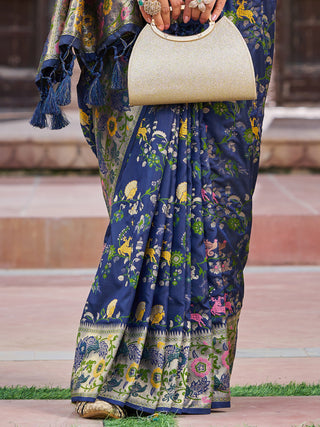 Navy Blue Exquisite Banarasi Jacquard Art Silk Saree with Matching Border Blouse – Perfect for Weddings ClothsVilla