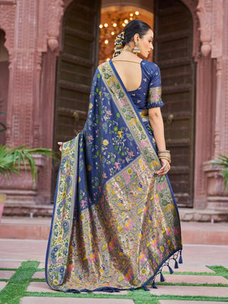 Navy Blue Exquisite Banarasi Jacquard Art Silk Saree with Matching Border Blouse – Perfect for Weddings ClothsVilla