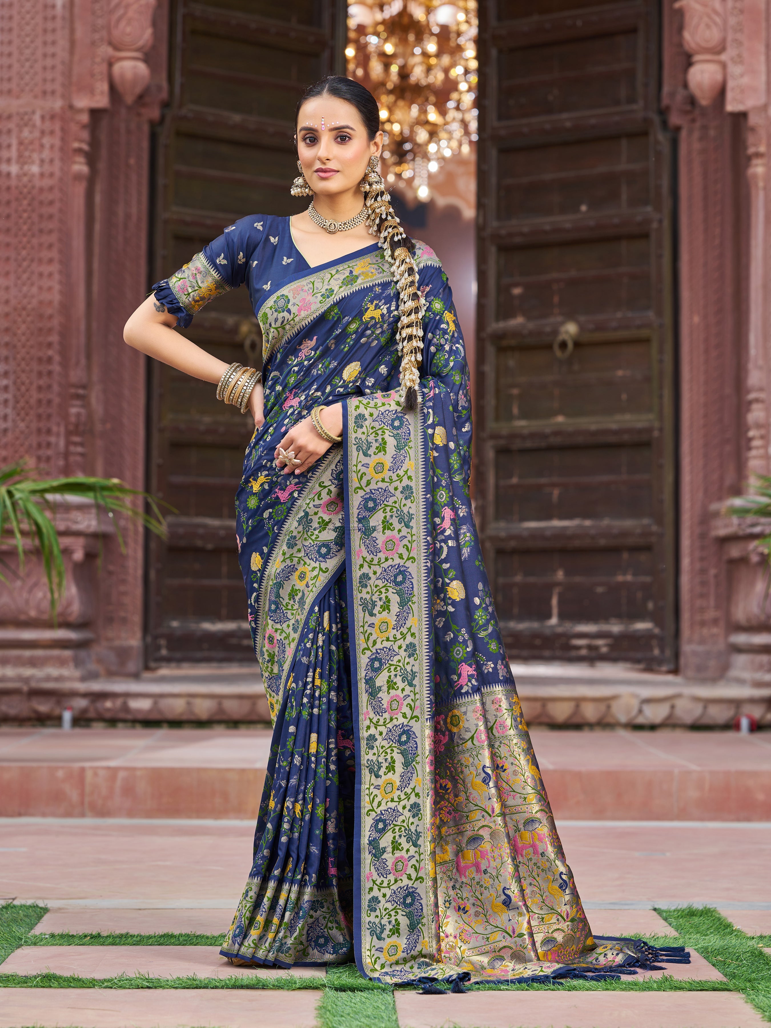 Navy Blue Exquisite Banarasi Jacquard Art Silk Saree with Matching Border Blouse – Perfect for Weddings ClothsVilla Main image