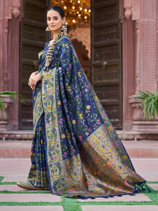 Navy Blue Exquisite Banarasi Jacquard Art Silk Saree with Matching Border Blouse – Perfect for Weddings ClothsVilla