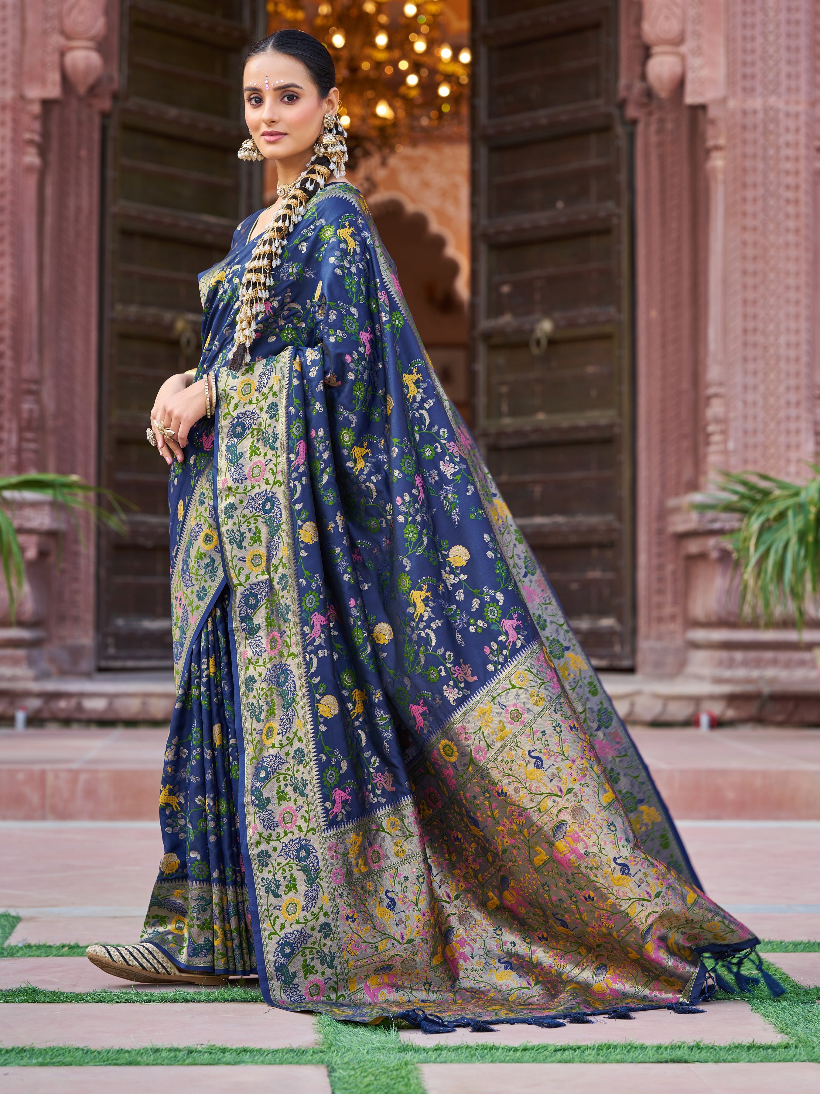 Navy Blue Exquisite Banarasi Jacquard Art Silk Saree with Matching Border Blouse – Perfect for Weddings ClothsVilla