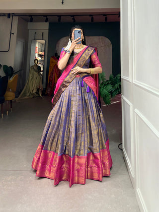 Navy Blue Exquisite Kanjivaram Silk Lehenga Choli with Zari Weaving ClothsVilla