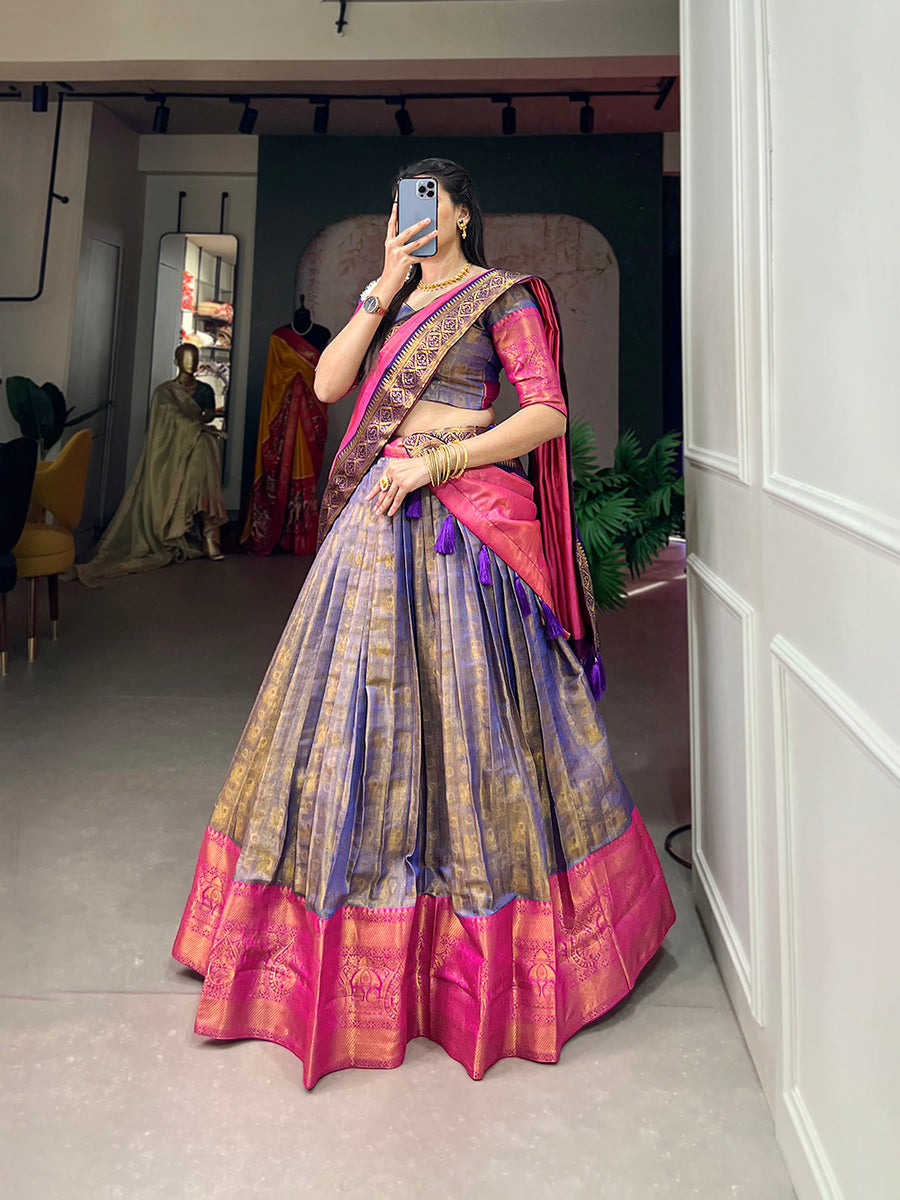 Navy Blue Exquisite Kanjivaram Silk Lehenga Choli with Zari Weaving ClothsVilla