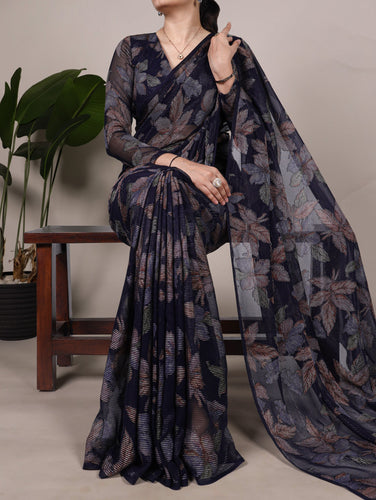 Navy Blue Floral Lurex Brasso Saree with Unstitched Blouse – Elegant Viscose Brasso Work ClothsVilla