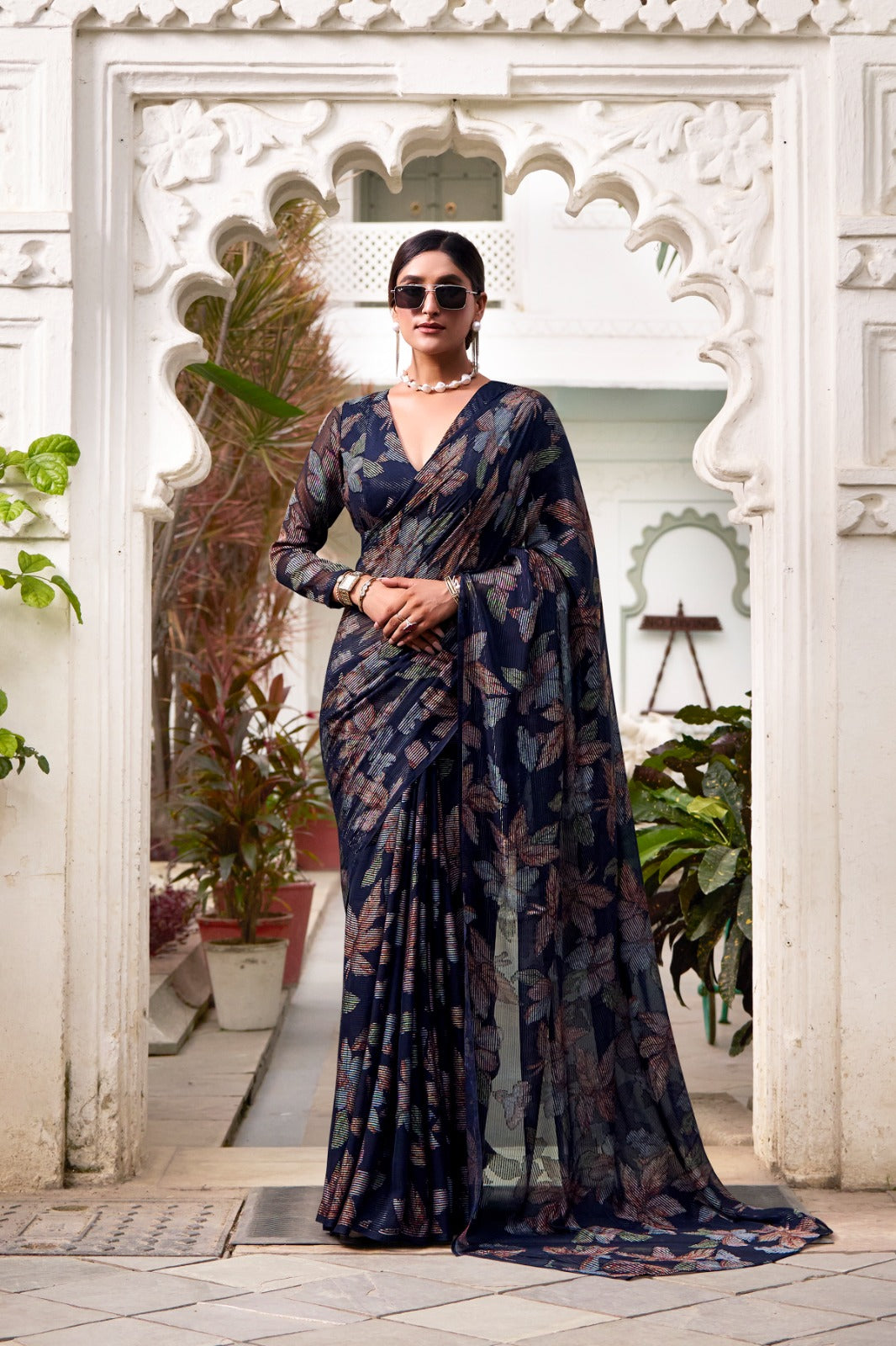 Navy Blue Floral Lurex Brasso Saree with Unstitched Blouse – Elegant Viscose Brasso Work ClothsVilla Main image