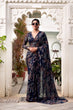 Load image into Gallery viewer, Navy Blue Floral Lurex Brasso Saree with Unstitched Blouse – Elegant Viscose Brasso Work ClothsVilla
