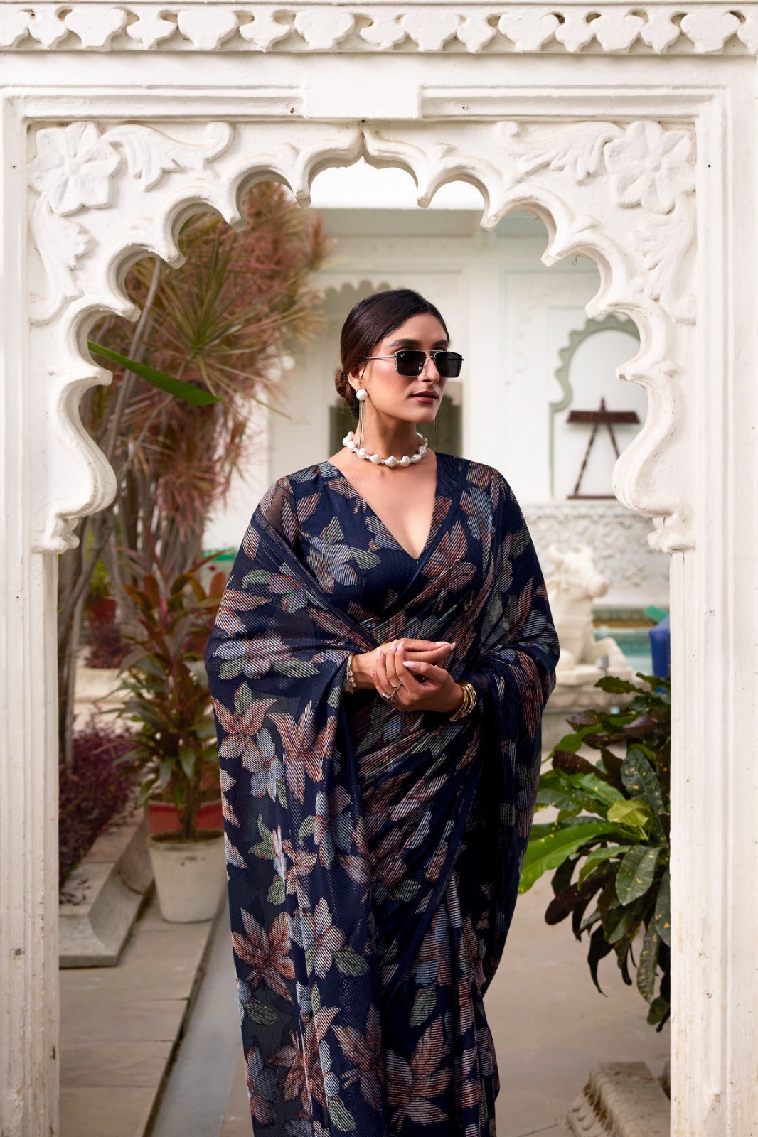 Navy Blue Floral Lurex Brasso Saree with Unstitched Blouse – Elegant Viscose Brasso Work ClothsVilla