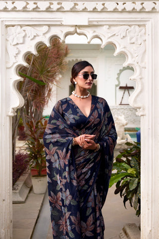 Navy Blue Floral Lurex Brasso Saree with Unstitched Blouse – Elegant Viscose Brasso Work ClothsVilla