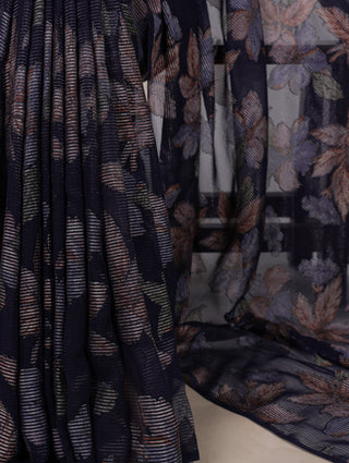 Navy Blue Floral Lurex Brasso Saree with Unstitched Blouse – Elegant Viscose Brasso Work ClothsVilla