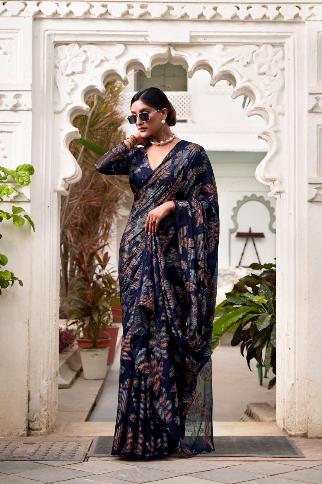 Navy Blue Floral Lurex Brasso Saree with Unstitched Blouse – Elegant Viscose Brasso Work Secondary image
