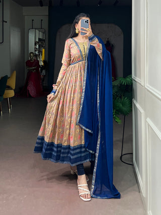 Navy Blue Floral Printed Dress with Dupatta ClothsVilla