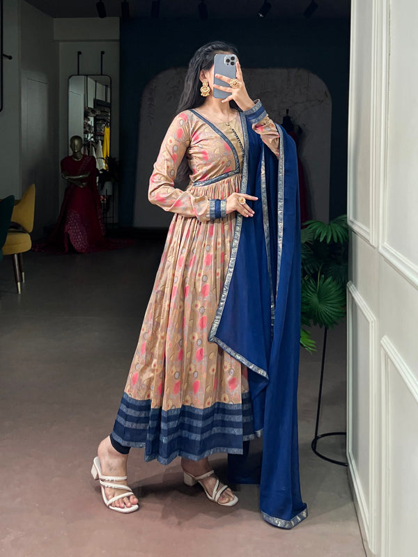 Navy Blue Floral Printed Dress with Dupatta ClothsVilla