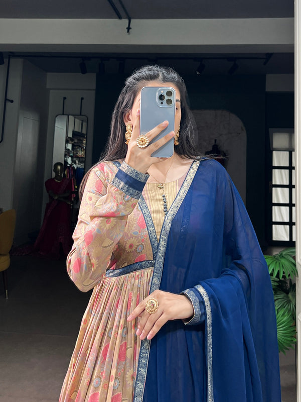 Navy Blue Floral Printed Dress with Dupatta ClothsVilla