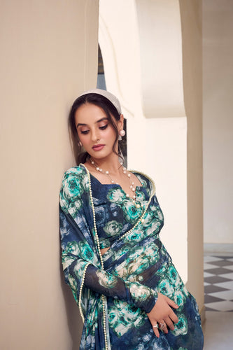 Navy Blue Floral Printed Weightless Marble Saree with Pearl Lace Border Clothsvilla