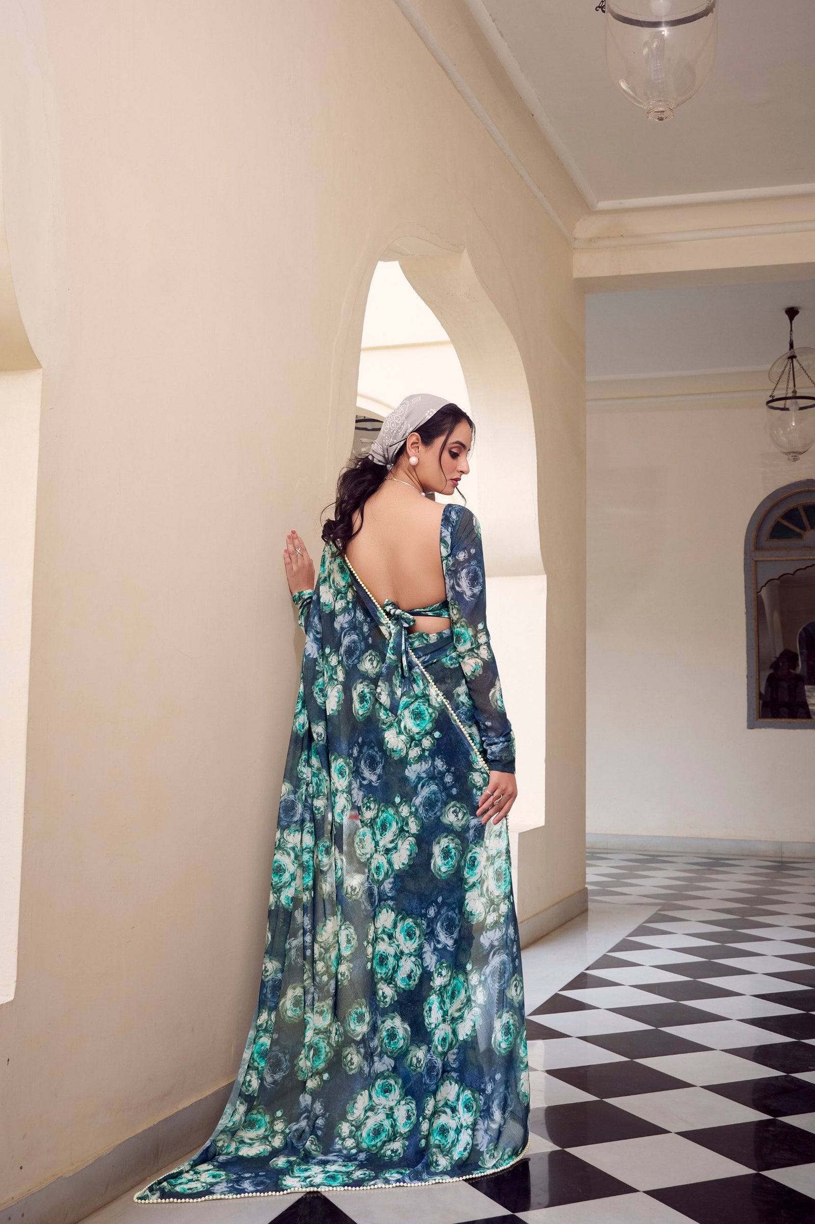 Navy Blue Floral Printed Weightless Marble Saree with Pearl Lace Border Clothsvilla