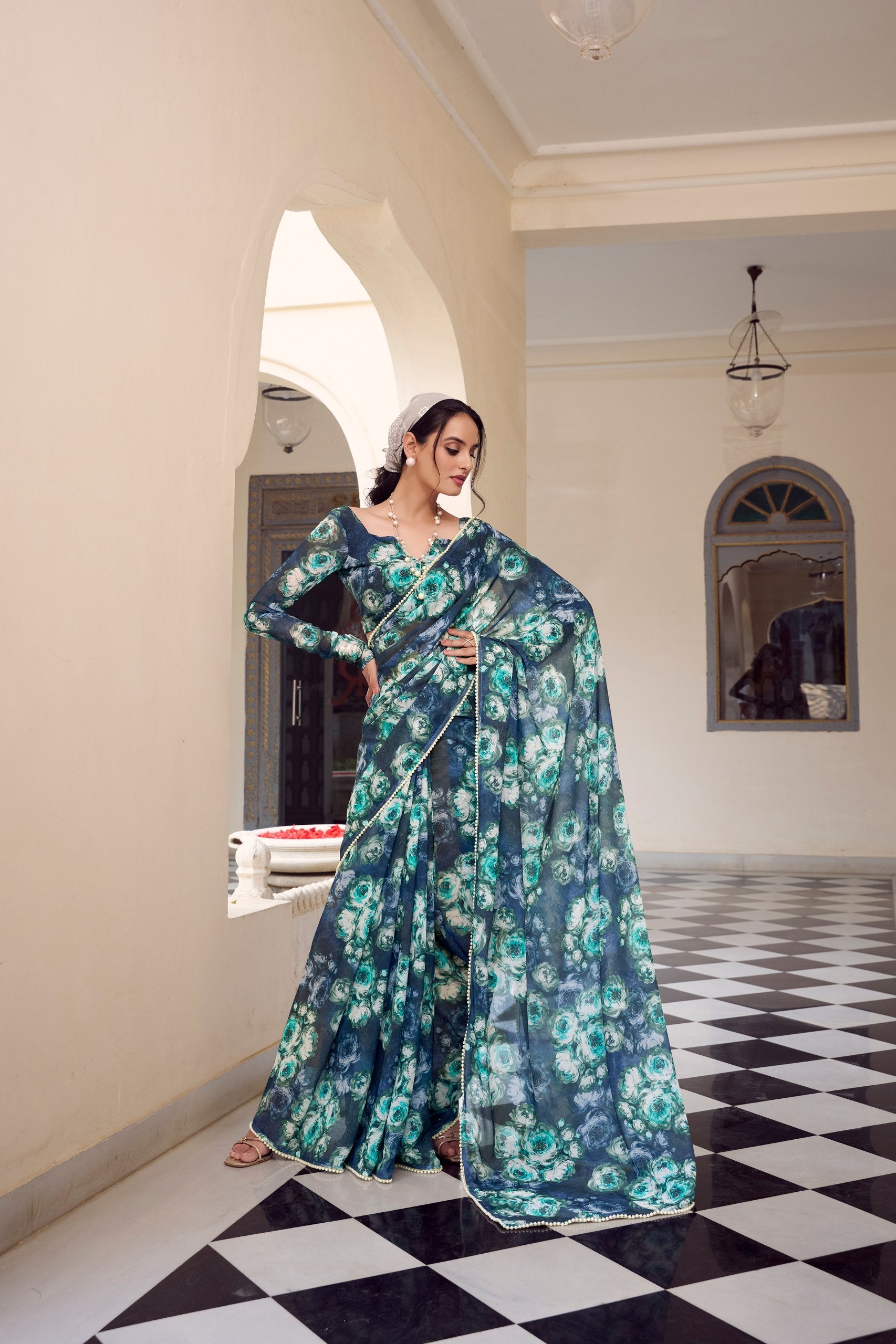Navy Blue Floral Printed Weightless Marble Saree with Pearl Lace Border Clothsvilla Main image