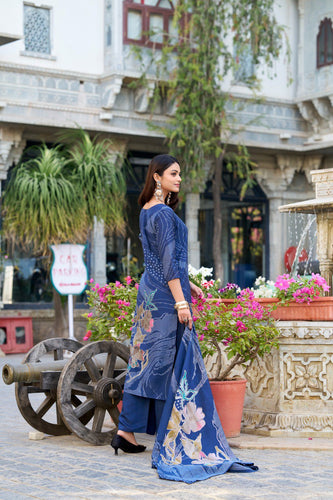 Navy Blue Floral Roman Silk Salwar Suit – Beads & Blooms Handcrafted Perfection