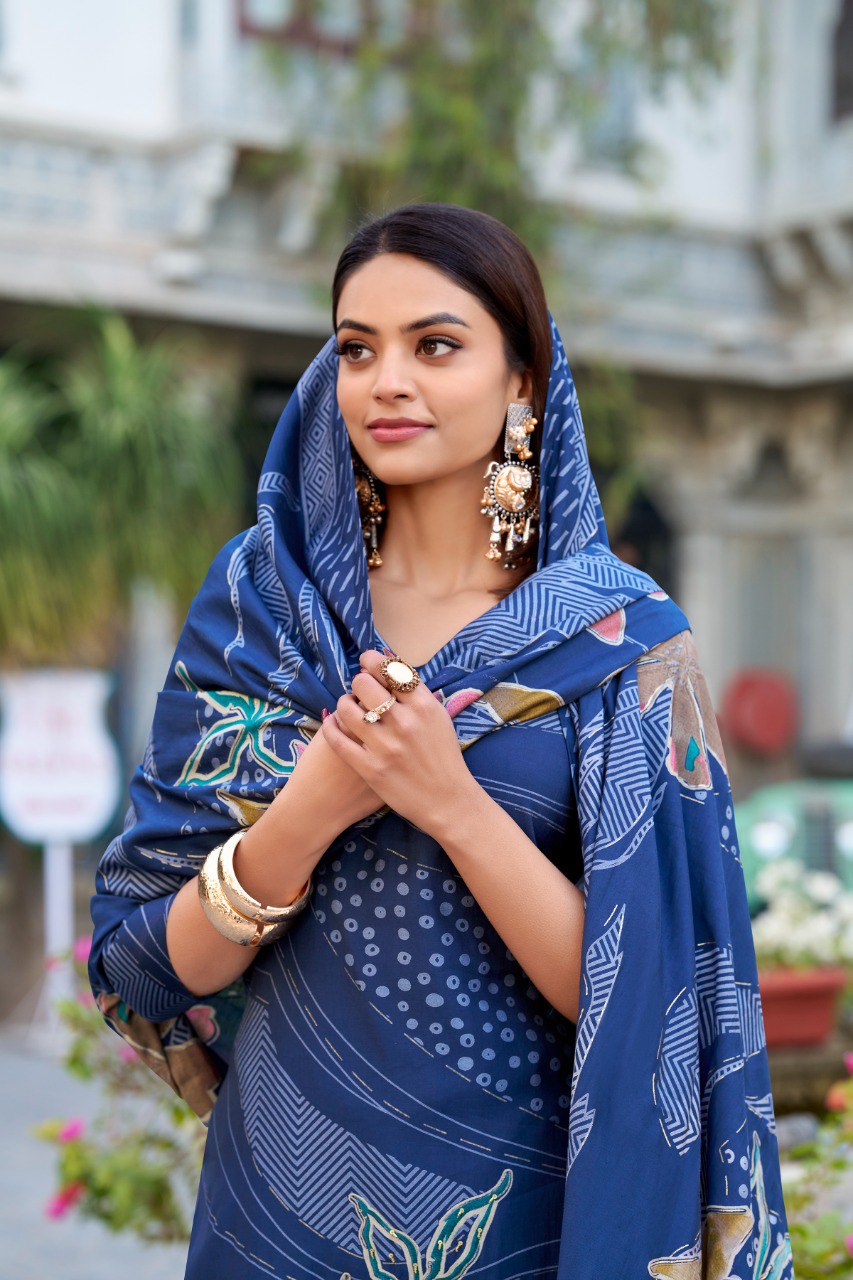 Navy Blue Floral Roman Silk Salwar Suit – Beads & Blooms Handcrafted Perfection