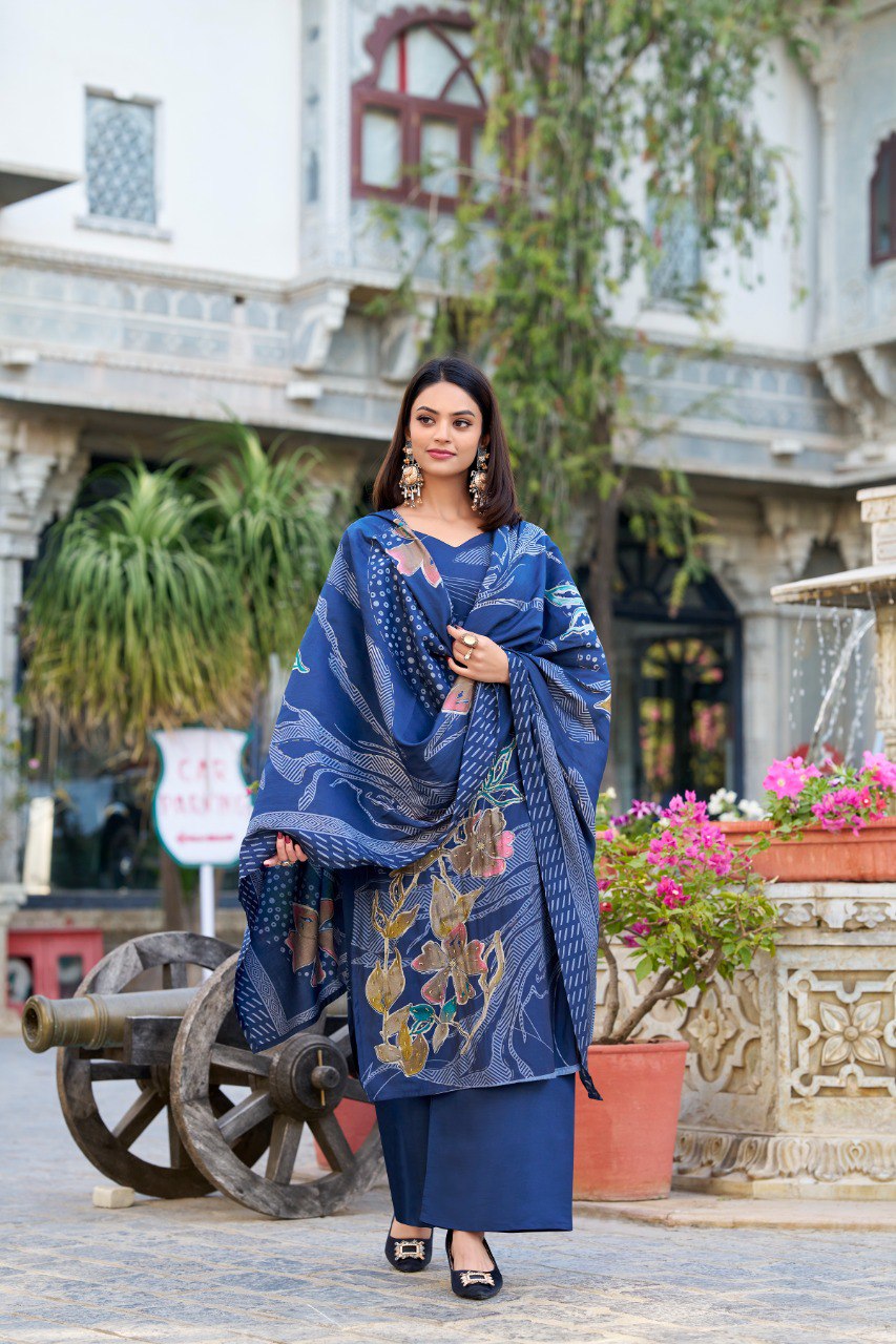Navy Blue Floral Roman Silk Salwar Suit – Beads & Blooms Handcrafted Perfection Main image