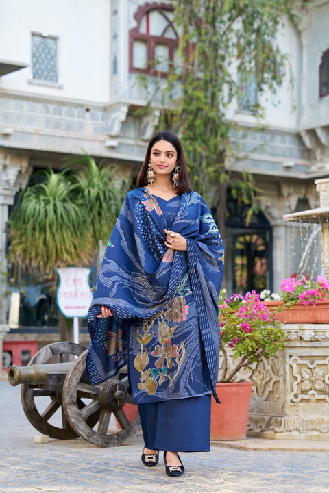 Navy Blue Floral Roman Silk Salwar Suit – Beads & Blooms Handcrafted Perfection Main image