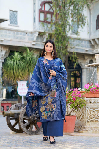 Navy Blue Floral Roman Silk Salwar Suit – Beads & Blooms Handcrafted Perfection