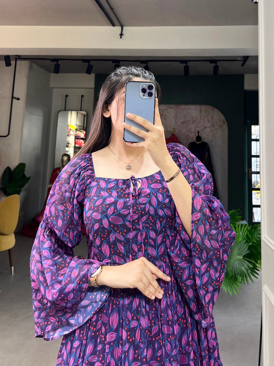 Navy Blue Flowy Georgette Floral Print Frock for Women ClothsVilla