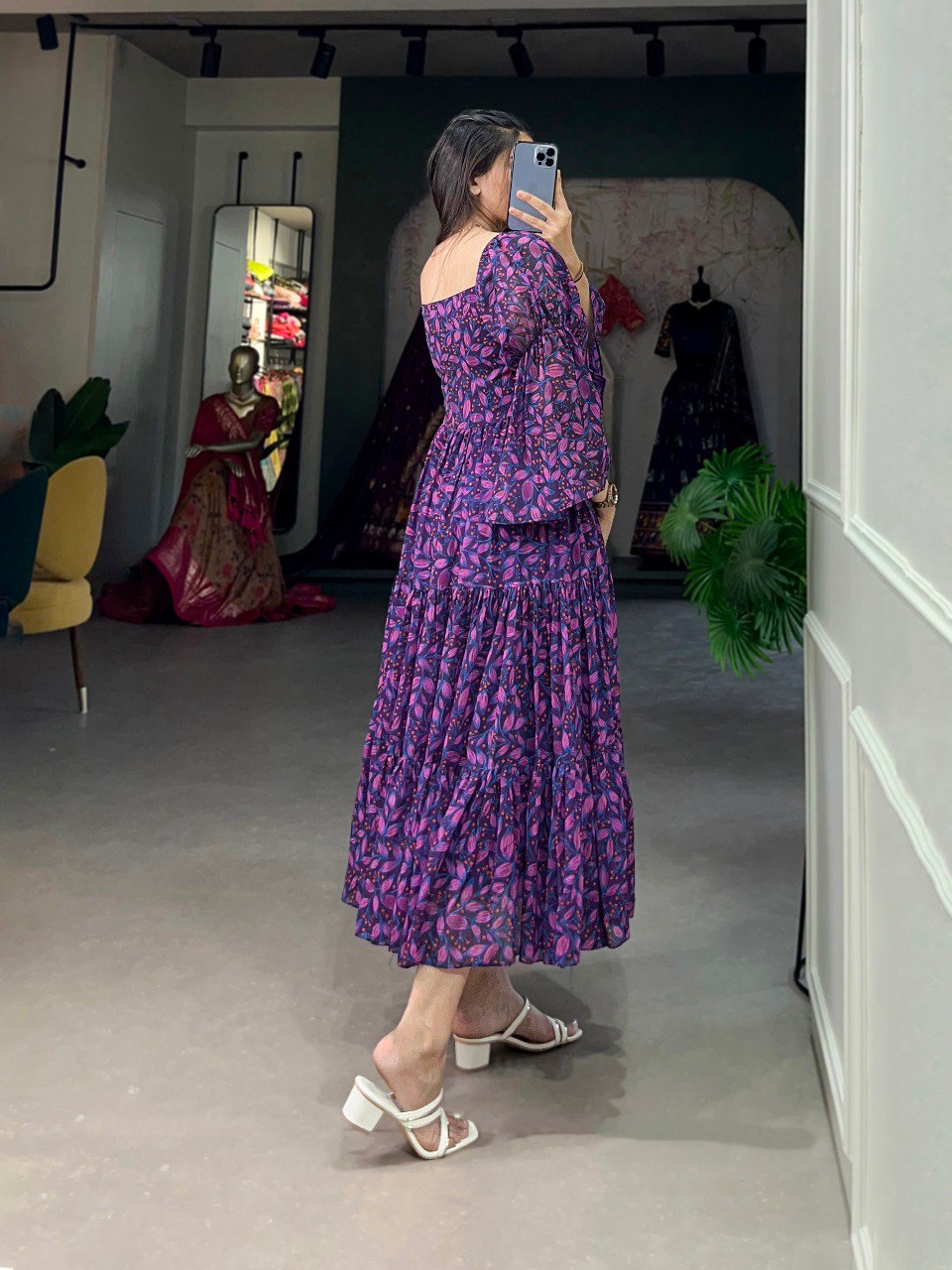 Navy Blue Flowy Georgette Floral Print Frock for Women ClothsVilla