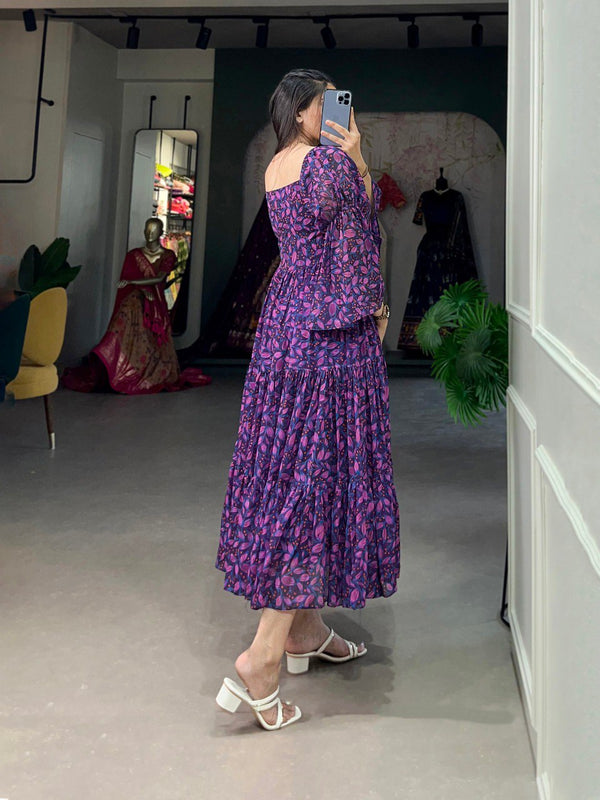Navy Blue Flowy Georgette Floral Print Frock for Women ClothsVilla
