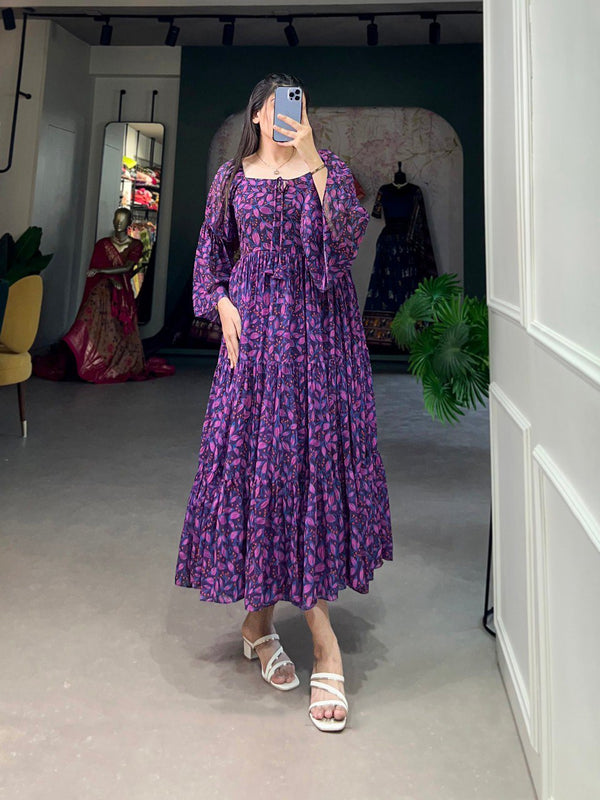 Navy Blue Flowy Georgette Floral Print Frock for Women ClothsVilla