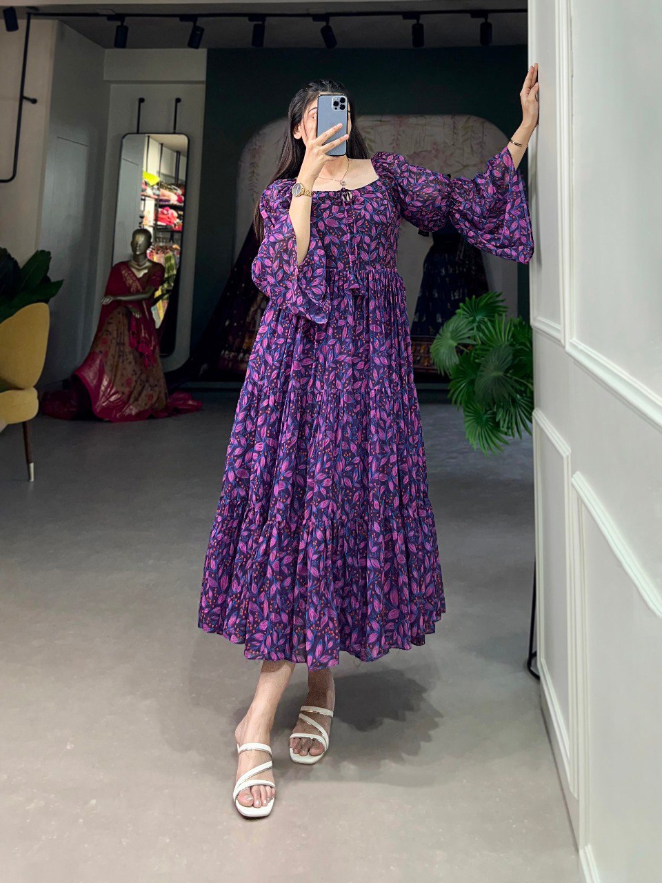 Navy Blue Flowy Georgette Floral Print Frock for Women ClothsVilla
