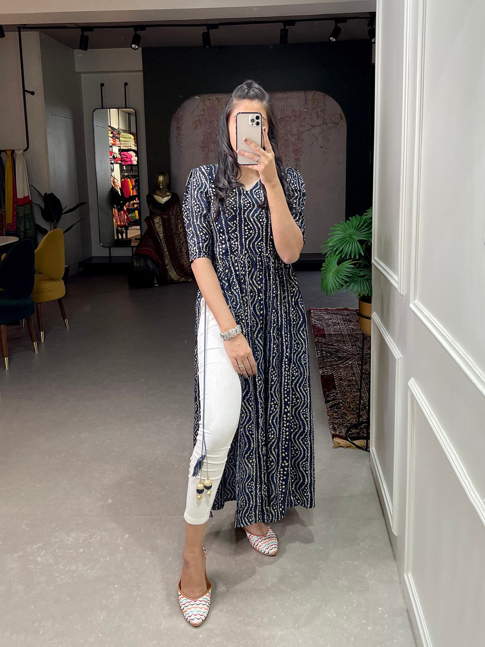 Navy Blue Foil Printed Cotton Kurti ClothsVilla Main image