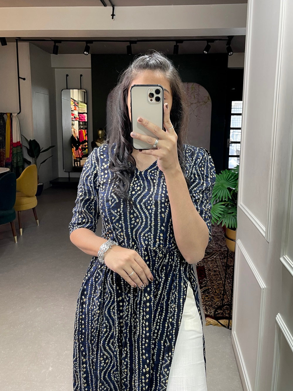Navy Blue Foil Printed Cotton Kurti ClothsVilla